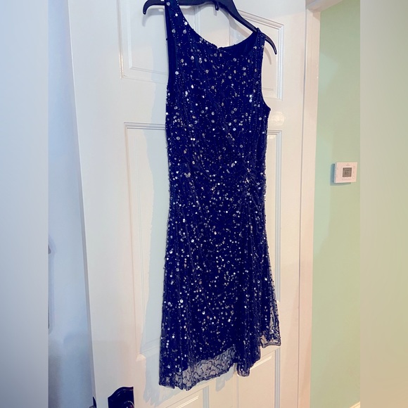 Navy sequin cocktail dress with ruching in front at left hip - Picture 4 of 4